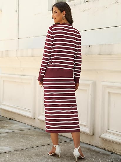 2 Piece Skirts Sets For Women Fall Fashion 2025 Striped Sweater Midi Dress Knit Lounge Travel Outfits Winter Clothes