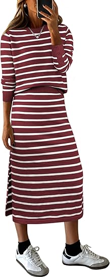 2 Piece Skirts Sets For Women Fall Fashion 2025 Striped Sweater Midi Dress Knit Lounge Travel Outfits Winter Clothes