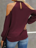 Woman Blouses  Sexy Hollow Out  Cold Shoulder Halter T Shirts Long Sleeve Tops Drape Ruched Front Loose Fit Shirts