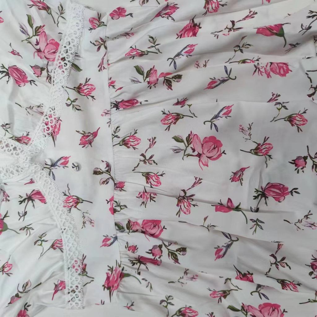 Floral Women's Dresses Sweet Print V-Neck Lace Short Dress Female Robe