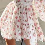 Floral Women's Dresses Sweet Print V-Neck Lace Short Dress Female Robe