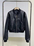 Women Bomber Jacket Chic Cropped Leather Short Coat Female Stand Collar Gothic Racing Jackets Biker Motorcycle Outerwear