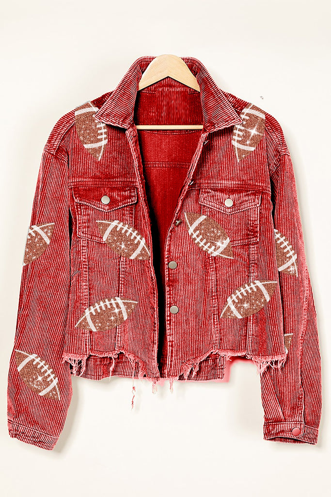 New Sports Casual Corduroy Jacket Woman Retro Turn-down Collar Splicing Football Sequins Spring Autumn Tassel Jacket for Women