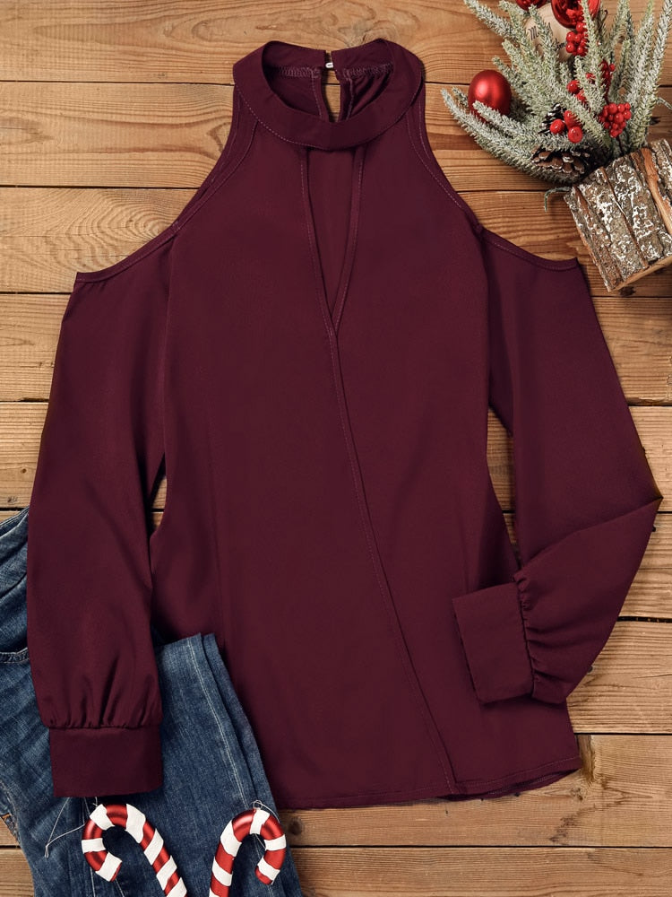 Woman Blouses  Sexy Hollow Out  Cold Shoulder Halter T Shirts Long Sleeve Tops Drape Ruched Front Loose Fit Shirts