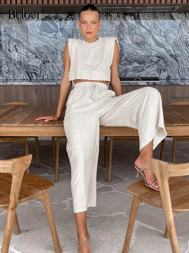 Khaki Linen Pants Sets Women 2 Piece Fashion Sexy Lace-Up Crop Tops Vacation Elastic Waist Loose Long Pants Suits