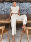 Khaki Linen Pants Sets Women 2 Piece Fashion Sexy Lace-Up Crop Tops Vacation Elastic Waist Loose Long Pants Suits