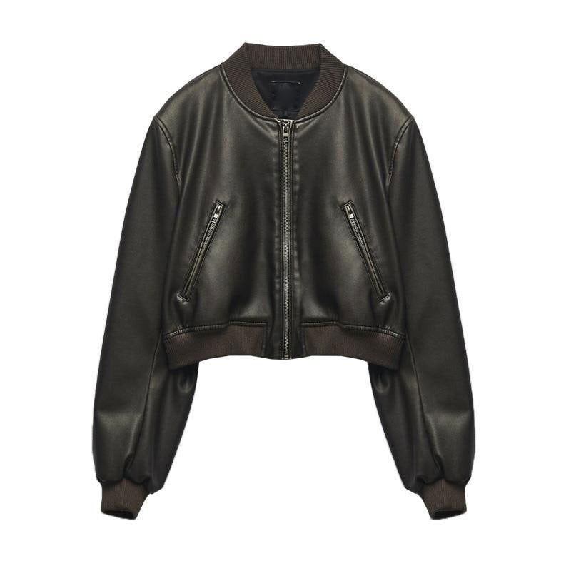 Women Bomber Jacket Chic Cropped Leather Short Coat Female Stand Collar Gothic Racing Jackets Biker Motorcycle Outerwear