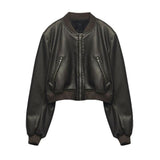 Women Bomber Jacket Chic Cropped Leather Short Coat Female Stand Collar Gothic Racing Jackets Biker Motorcycle Outerwear