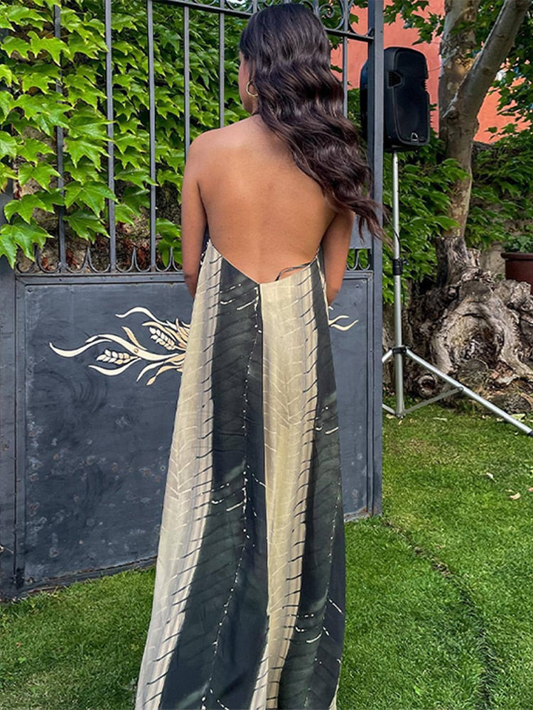 Elegant Halter Beach Print Dress Women Summer Backless Loose Vacation Female Long Dresses Sleeveless Casual Vintage Robe