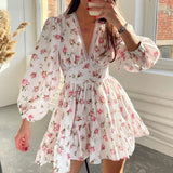 Floral Women's Dresses Sweet Print V-Neck Lace Short Dress Female Robe