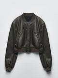 Women Bomber Jacket Chic Cropped Leather Short Coat Female Stand Collar Gothic Racing Jackets Biker Motorcycle Outerwear