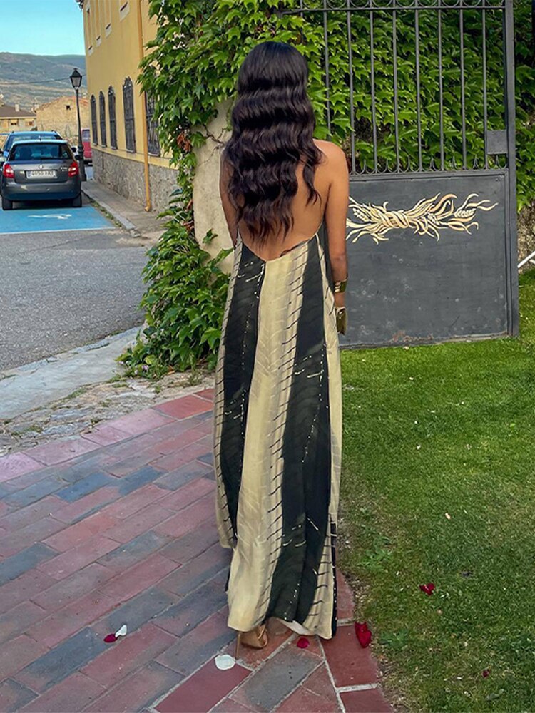 Elegant Halter Beach Print Dress Women Summer Backless Loose Vacation Female Long Dresses Sleeveless Casual Vintage Robe