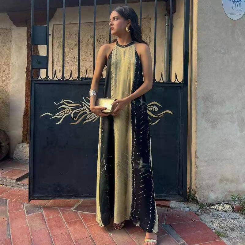 Elegant Halter Beach Print Dress Women Summer Backless Loose Vacation Female Long Dresses Sleeveless Casual Vintage Robe