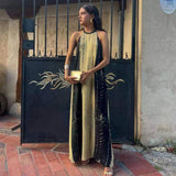 Elegant Halter Beach Print Dress Women Summer Backless Loose Vacation Female Long Dresses Sleeveless Casual Vintage Robe