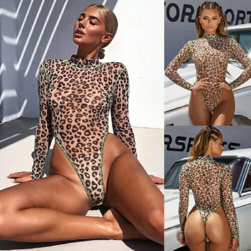 Women Long Sleeve Bodysuits Sexy Round Neck Letter Print High Cut 1-Piece Leotard Tops