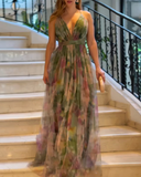Floral Print Plunge V Neck Spaghetti Strap Maxi Dress Elegant Waist High Slit Mesh Dress
