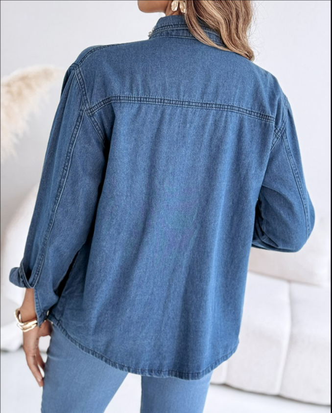 Pearls & Rhinestone Decor Turn-down Collar Button Front Denim Shirt Casual Top