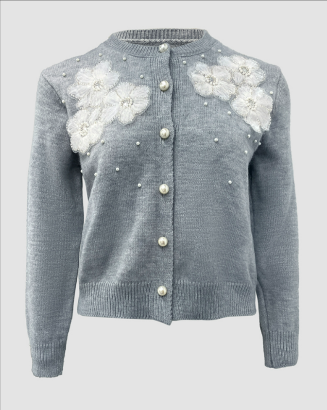 Floral Applique & Pearls Decor Round Neck Single Breasted Knit Cardigan Casual Sweater Coat