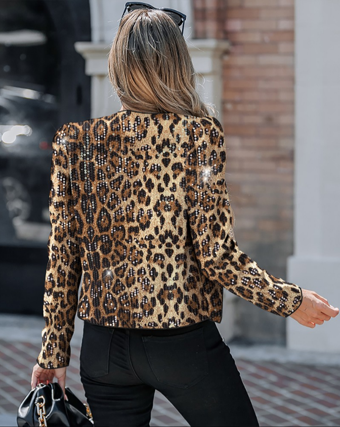 Sequin Leopard Print Puff Sleeve Open Front Slim Fit Coat