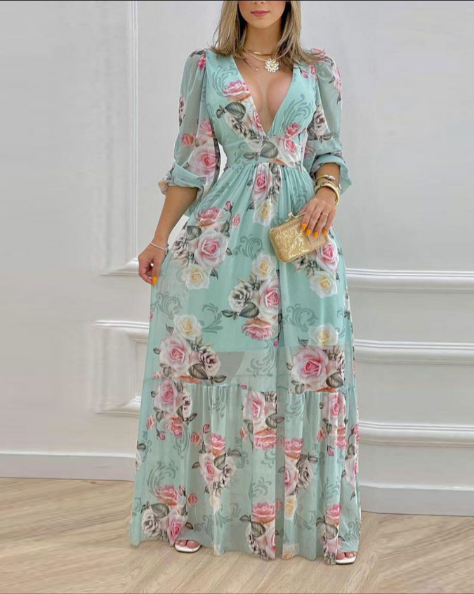 Floral Print Deep V Neck Lantern Sleeve Cinched Waist Maxi Dress Shirred Back Ruffle Hem A Line Dress