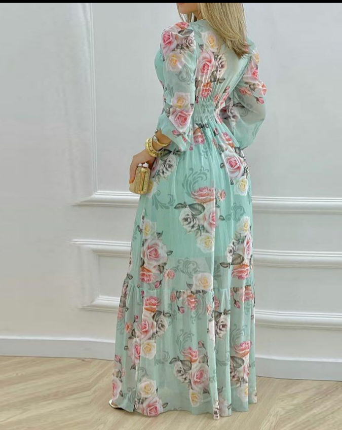 Floral Print Deep V Neck Lantern Sleeve Cinched Waist Maxi Dress Shirred Back Ruffle Hem A Line Dress