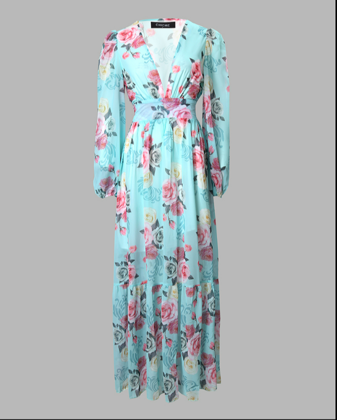 Floral Print Deep V Neck Lantern Sleeve Cinched Waist Maxi Dress Shirred Back Ruffle Hem A Line Dress