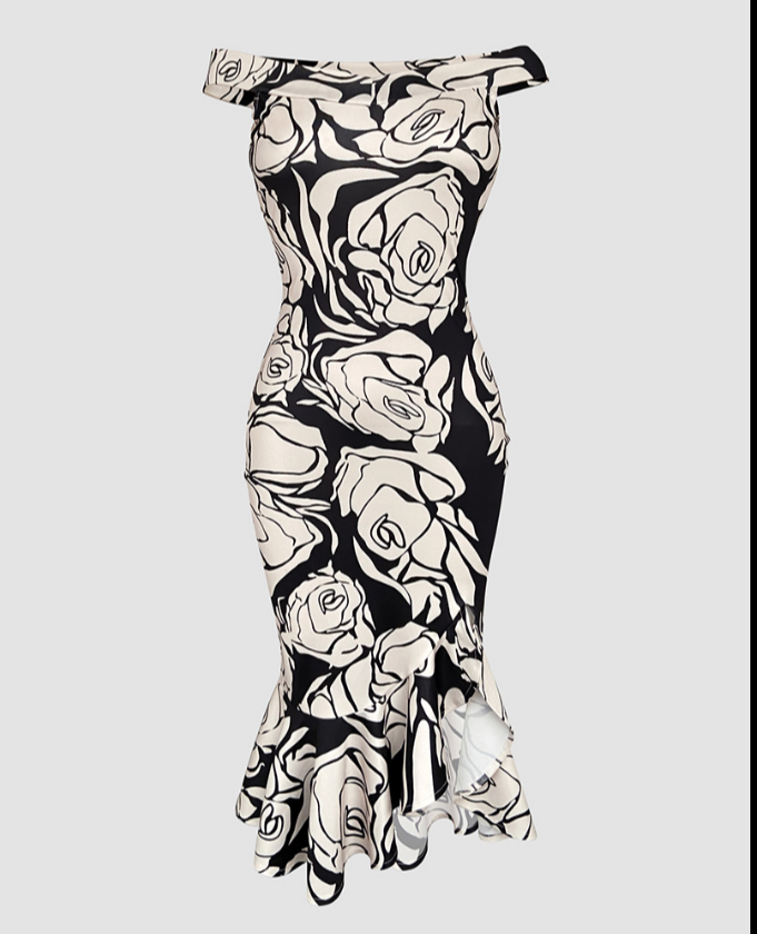 Floral Pattern Off Shoulder Ruffle Hem Slit Dress