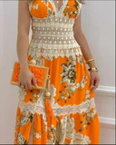 Floral Print Contrast Lace Split Hem Maxi Dress