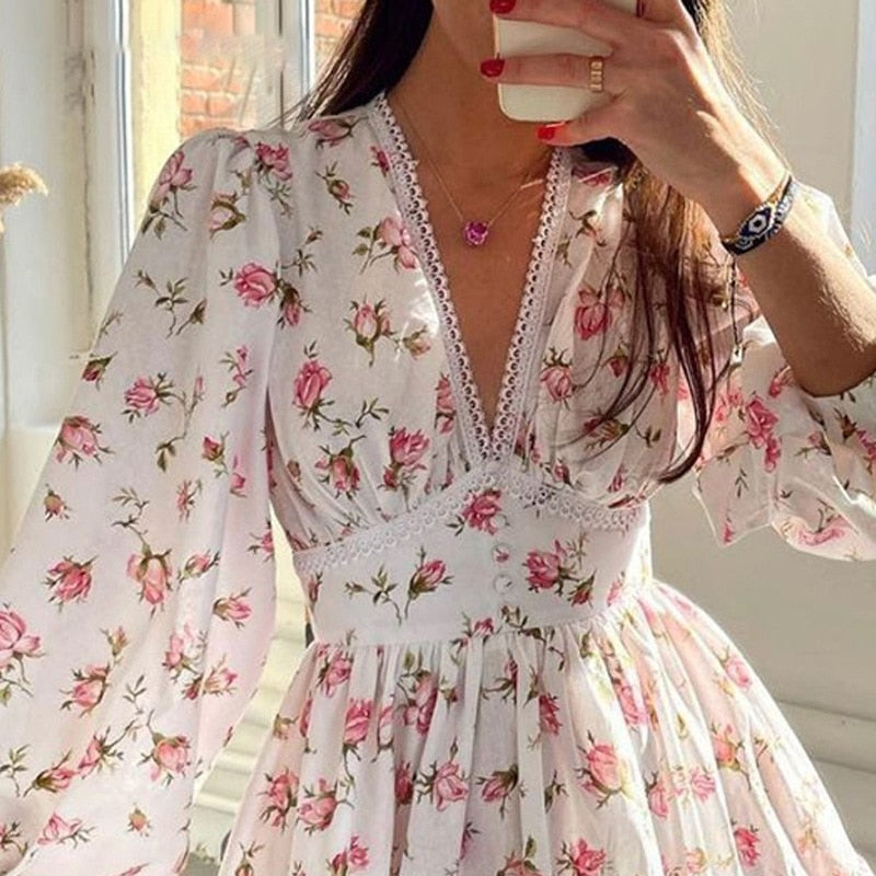 Floral Women's Dresses Sweet Print V-Neck Lace Short Dress Female Robe