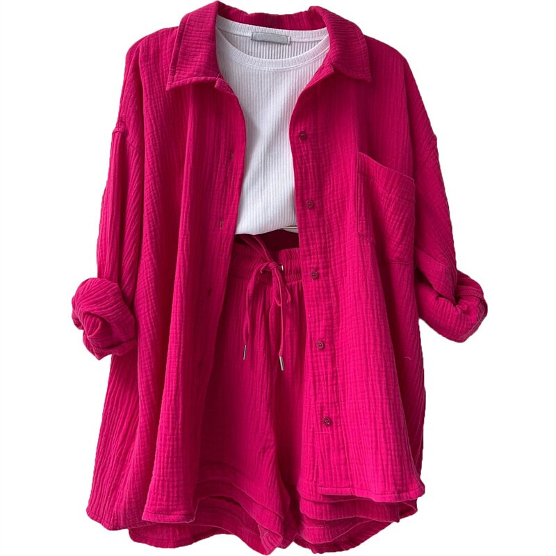 Solid Pleated Two Piece Set For Women Summer Women's Two Piece Casual Long Sleeve Short Sets