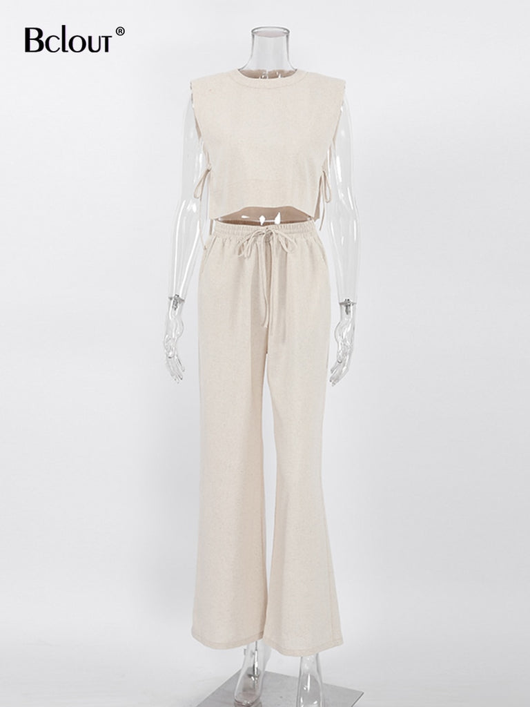 Khaki Linen Pants Sets Women 2 Piece Fashion Sexy Lace-Up Crop Tops Vacation Elastic Waist Loose Long Pants Suits