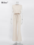 Khaki Linen Pants Sets Women 2 Piece Fashion Sexy Lace-Up Crop Tops Vacation Elastic Waist Loose Long Pants Suits