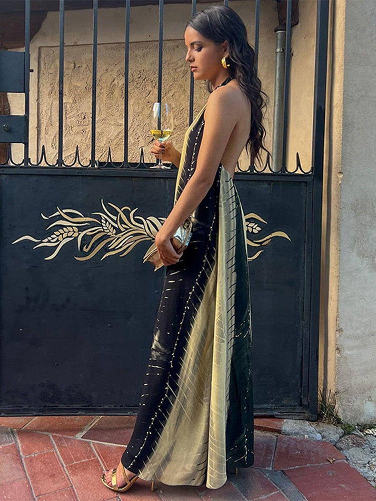 Elegant Halter Beach Print Dress Women Summer Backless Loose Vacation Female Long Dresses Sleeveless Casual Vintage Robe