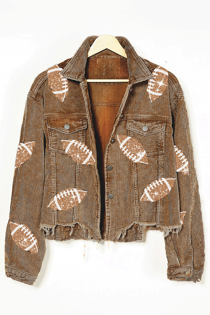 New Sports Casual Corduroy Jacket Woman Retro Turn-down Collar Splicing Football Sequins Spring Autumn Tassel Jacket for Women