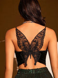 Sexy Butterfly Embroidery Mesh Velvet Cami Top Women Club Solid V-neck Sleeveless Spaghetti Strap Crop party top