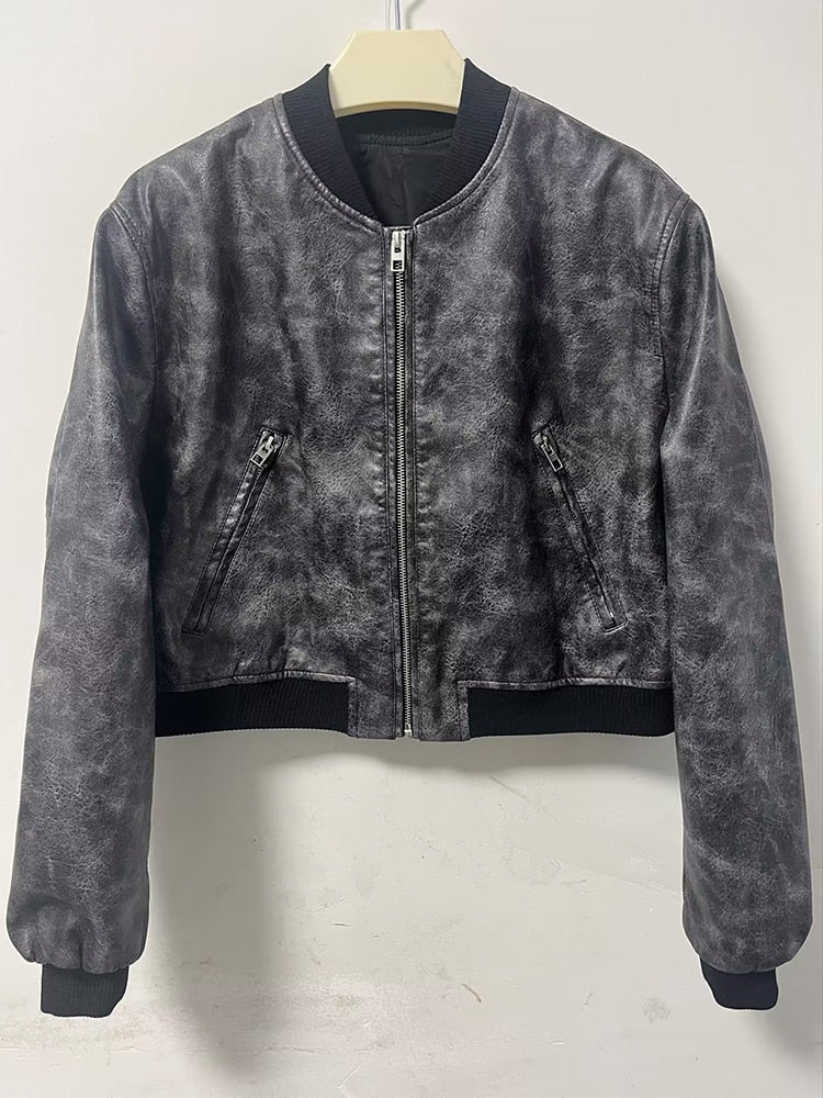 Women Bomber Jacket Chic Cropped Leather Short Coat Female Stand Collar Gothic Racing Jackets Biker Motorcycle Outerwear