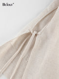Khaki Linen Pants Sets Women 2 Piece Fashion Sexy Lace-Up Crop Tops Vacation Elastic Waist Loose Long Pants Suits