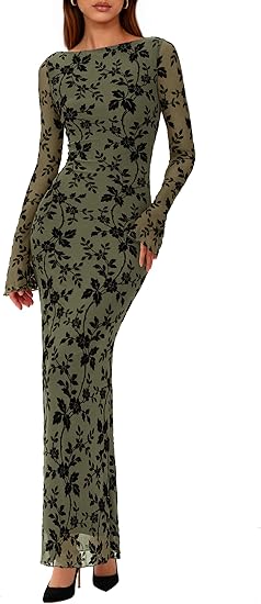 Women's Floral Bodycon Maxi Dress 2026 Spring Elegant Mesh Long Sleeve – Divahotcouture