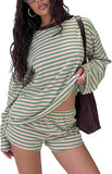 Women Striped 2 Piece Outfits Long Sleeve Sweatshirt Lounge Shorts Set Casual Color Block Matching Sets
