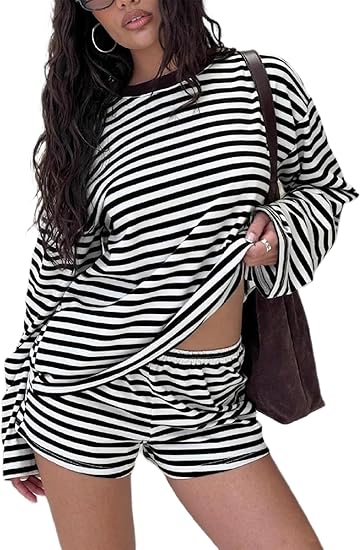 Women Striped 2 Piece Outfits Long Sleeve Sweatshirt Lounge Shorts Set Casual Color Block Matching Sets