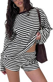 Women Striped 2 Piece Outfits Long Sleeve Sweatshirt Lounge Shorts Set Casual Color Block Matching Sets
