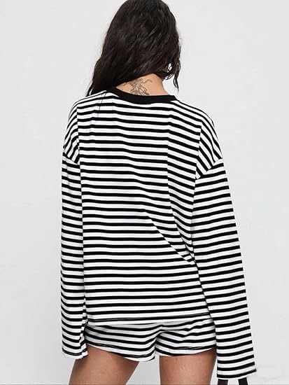 Women Striped 2 Piece Outfits Long Sleeve Sweatshirt Lounge Shorts Set Casual Color Block Matching Sets