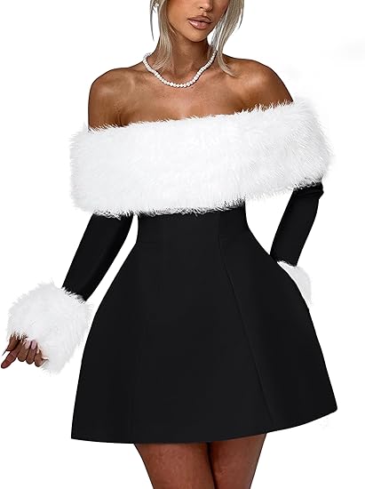 Women's Off Shoulder Long Sleeve Fur Trim A-Line Party Club Mini Dress – Divahotcouture