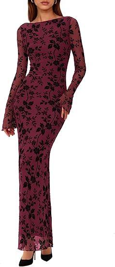 Women's Floral Bodycon Maxi Dress 2026 Spring Elegant Mesh Long Sleeve – Divahotcouture