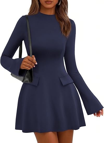 Women's Fall Mini Dress Long Bell Sleeve Mock Neck Bodycon Elegant Wor – Divahotcouture