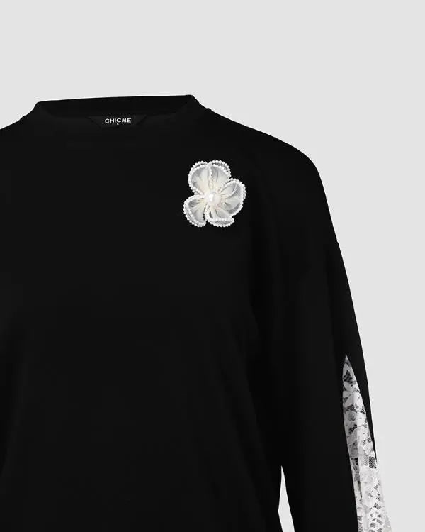 Colorblock Floral Pattern Lace Patch Sweatshirt