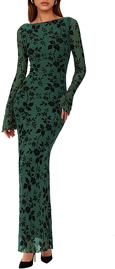 Women's Floral Bodycon Maxi Dress 2026 Spring Elegant Mesh Long Sleeve – Divahotcouture