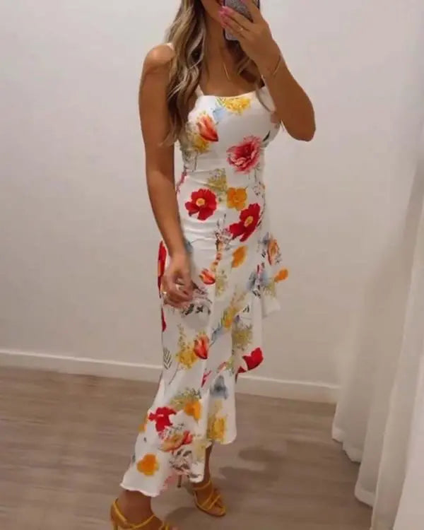 Floral Print Asymmetrical Hem Ruffles Square Neck Dress