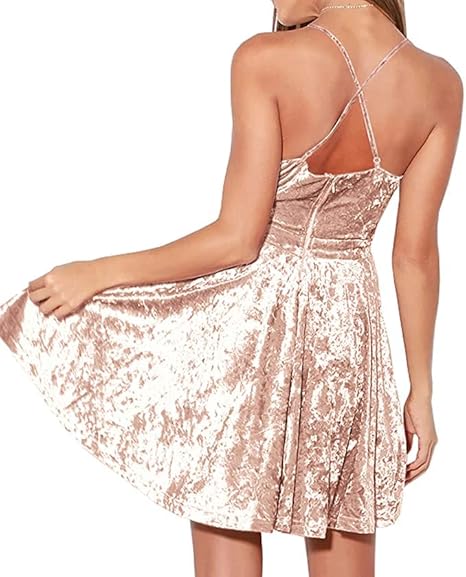 Women's Crushed Velvet Spaghetti Straps Sexy V Neck Club Party Pleated Swing Skater Dress