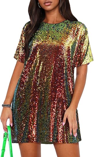 Women's Crew Neck Sequin Dress for Women Sexy V Neck Shirt Dresses Sparkly Shift Mini Dress